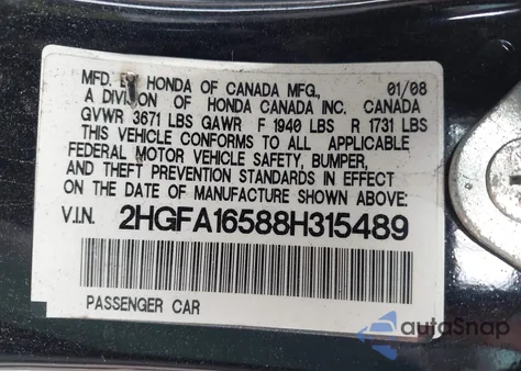 2008 Honda Civic Lx z USA, uszkodzony, nr VIN 2HGFA16588H315489